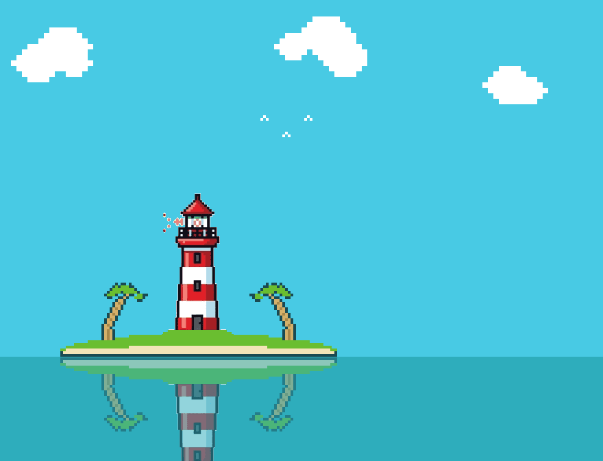 Harbora’s pixel island — a lighthouse, two palms, and a small dock on the water